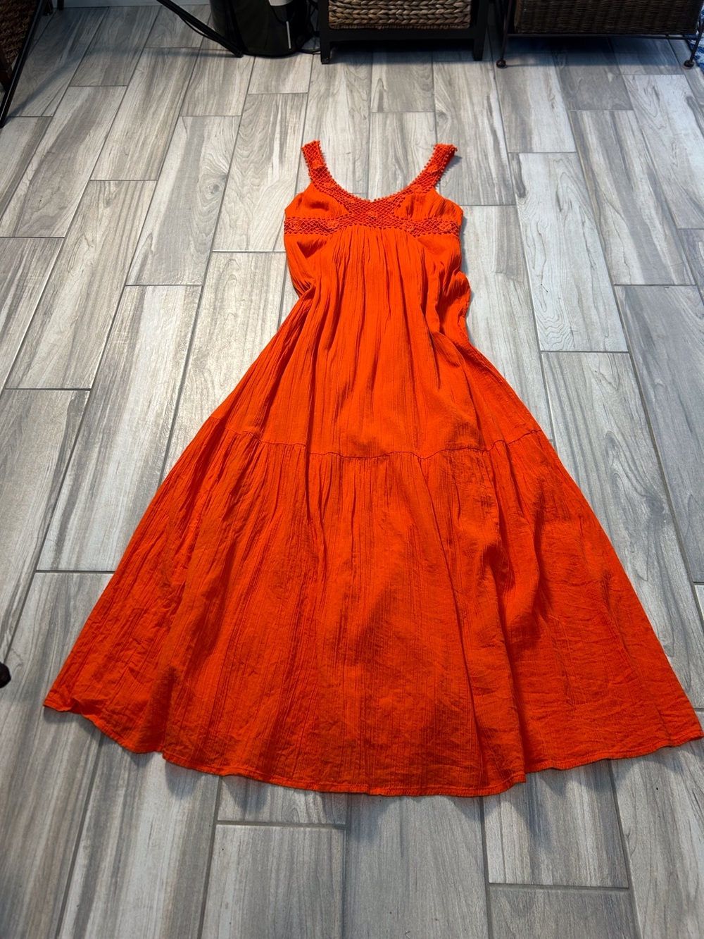 Bright Orange Crochet Trim & Neckline Tiered Maxi Sleeveless Dress M Boho Gauzy